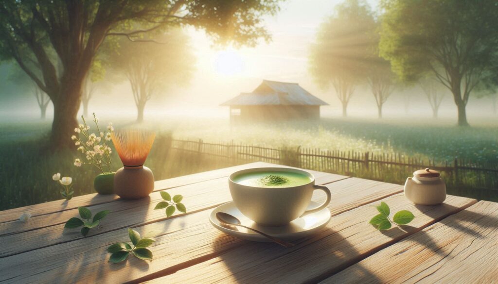 A peaceful morning scene with a cup of Matcha tea