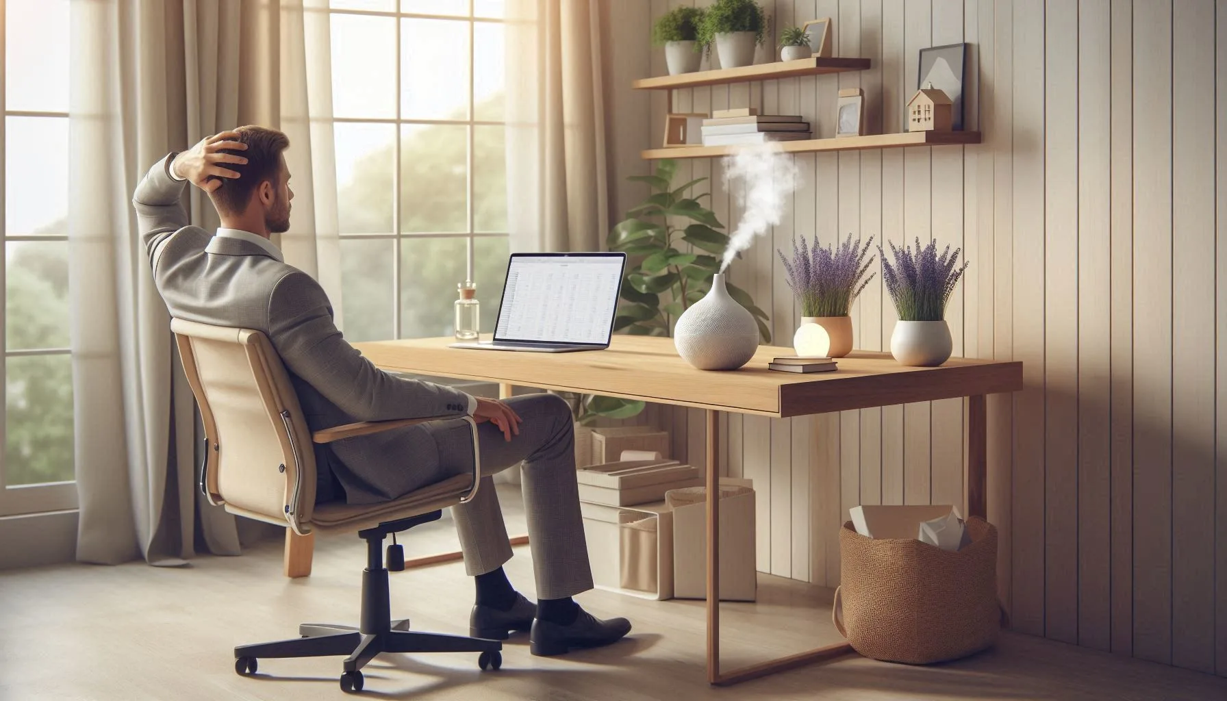 A man practicing stress management in a serene home office, sitting in a comfortable chair while gazing out of a large window. The desk features a laptop, lavender plants, and an aroma diffuser releasing calming mist, creating a peaceful atmosphere that promotes relaxation and effective stress management