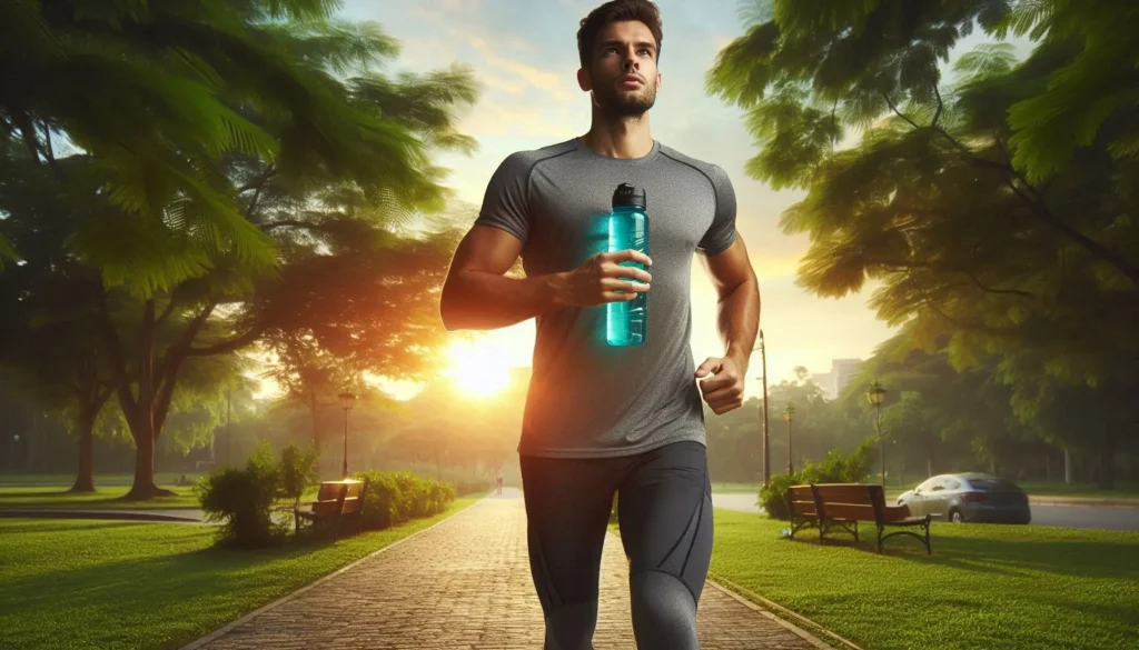 a man running on a path with a water bottle