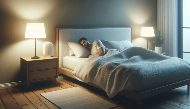 A man peacefully Sleep Hygiene in a cozy bedroom on a bed with soft, textured blankets. The room has a minimalist design with warm lighting from two bedside lamps and a potted plant on a wooden nightstand, creating a calm and restful atmosphere.