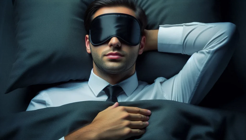 A person wearing a sleep mask while lying in bed