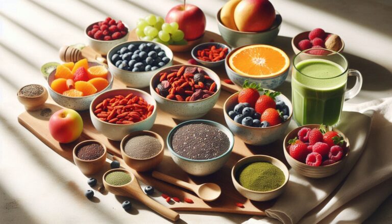 A vibrant breakfast table featuring bowls of superfoods, including chia seeds, goji berries, quinoa, and fresh fruits. A glass of green matcha tea and a wooden spoon are neatly placed on the side, all set in a clean, minimalist space with natural sunlight streaming through a window, creating a fresh and energizing morning atmosphere.