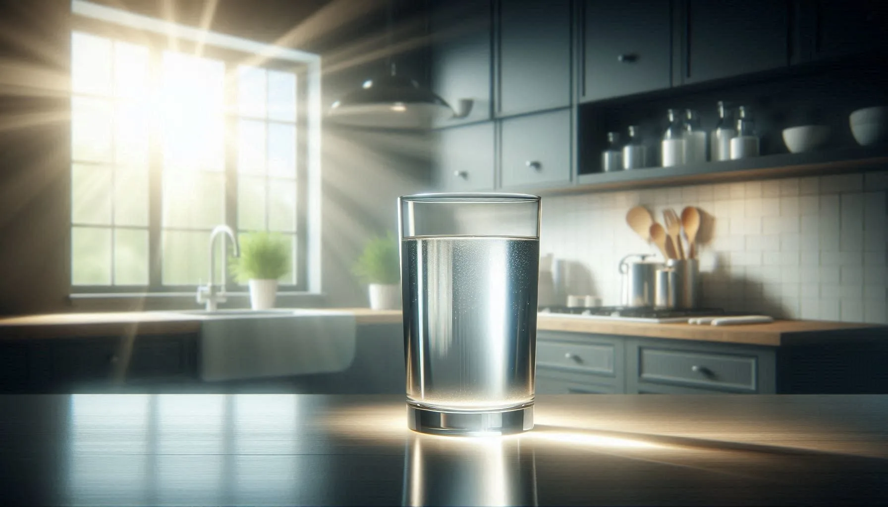 a glass of water in a kitchen shows benefits of drinking water