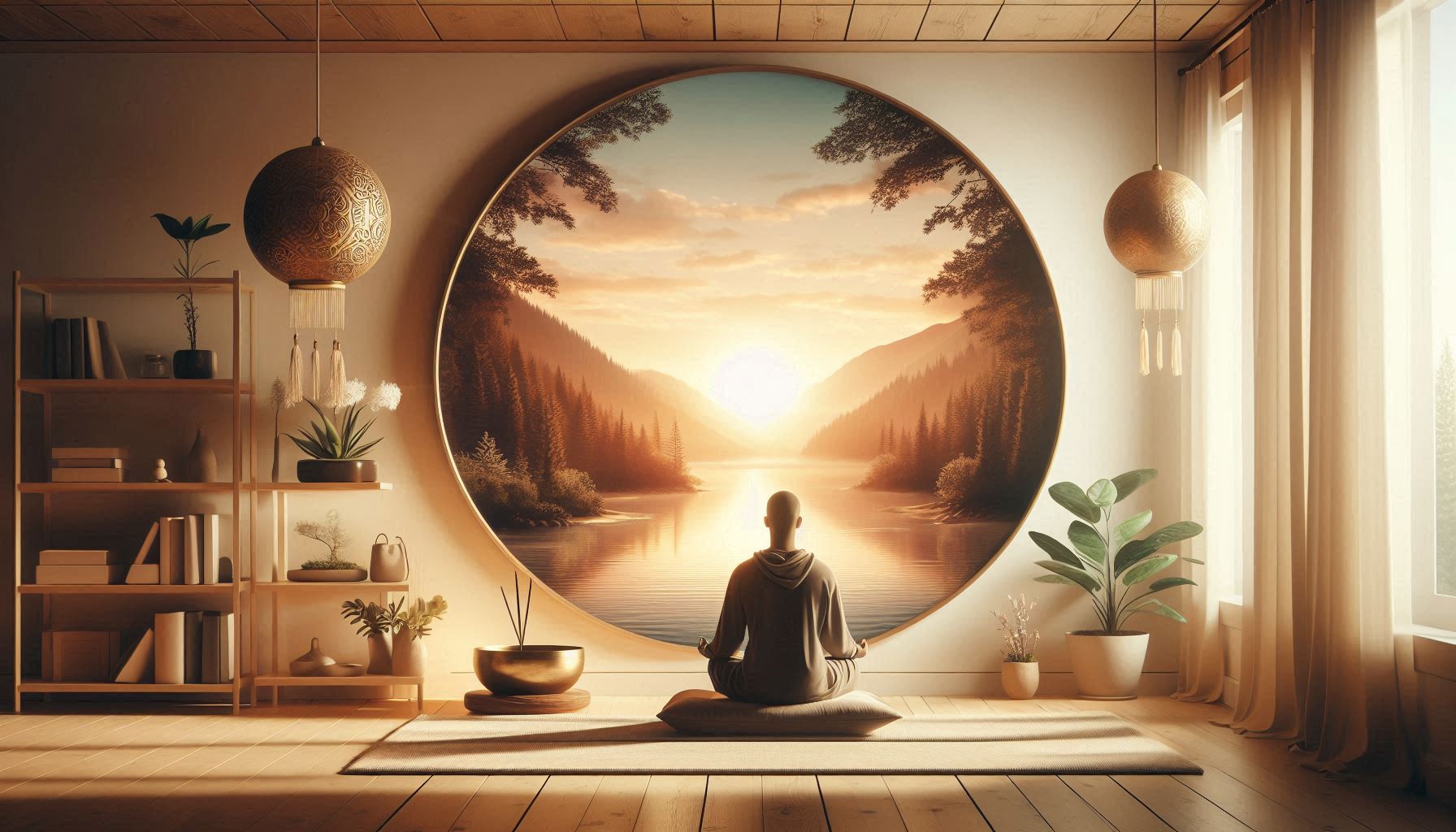 a man sitting on a pillow in front of a large circular painting showing Meditation Techniques