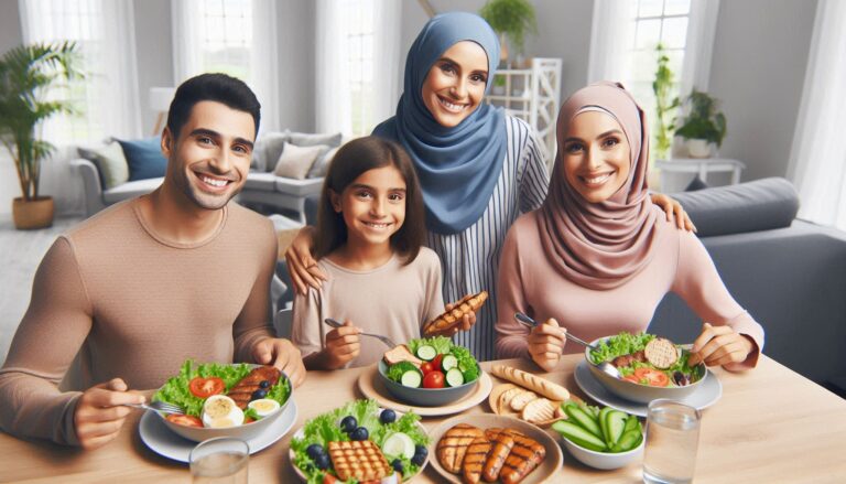 a group of people sitting at a table with food showing Healthy Eating