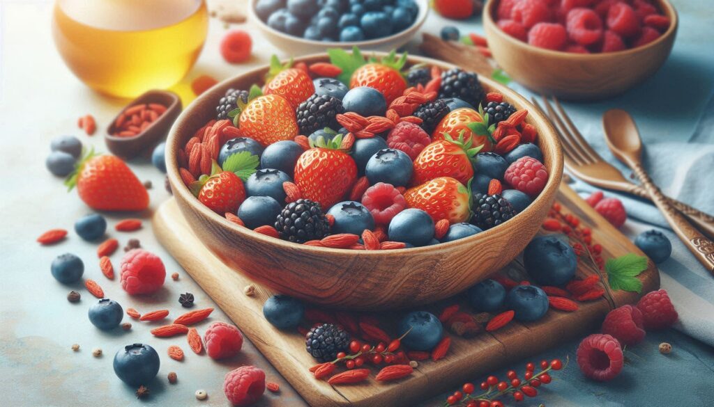 Vibrant bowl of mixed berries including Goji Berries