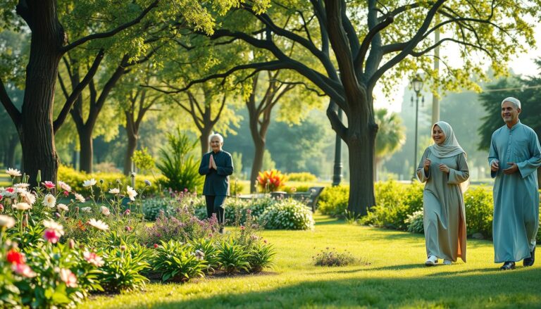 A Couple jogging in green garden for healthy aging