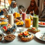 A groups of people sit around the breakfast table shows Healthy Breakfast.