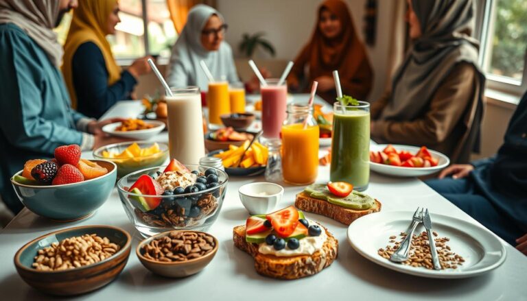 A groups of people sit around the breakfast table shows Healthy Breakfast.