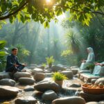 A group of persons siting nearby river showing holistic health.