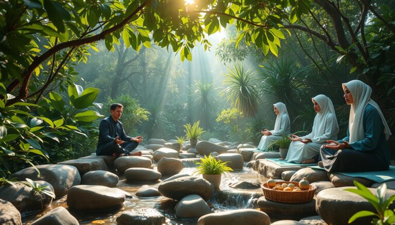 A group of persons siting nearby river showing holistic health.